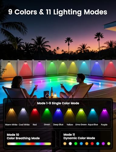 nibuuecer Solar Fence Lights Outdoor, 8 Pack Color-Changing Garden Lights Solar Powered IP65 Waterproof with 9 Colors & 11 Lighting Modes, Dusk to Dawn Solar Wall Lights for Fence, Patio, Deck Decor