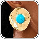Chunky Gold Hammered Turquoise Earrings for Women Fashion Natural Stone Dangle Earring Vintage Country Cowboy Cowgirl Round Disc Statement Jewelry