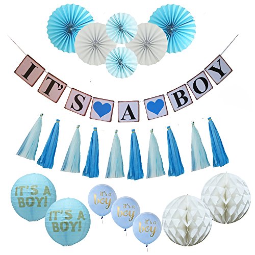 Baby Shower Decoration for Boy Kit, 31 Piece Ultimate Set, Baby Boy Decorations, Itâ€™s a boy Banner, Tassels, Paper Balls, Blue Lanterns,Blue Balloons, All in ONE Baby Shower Decoration Party Supplies