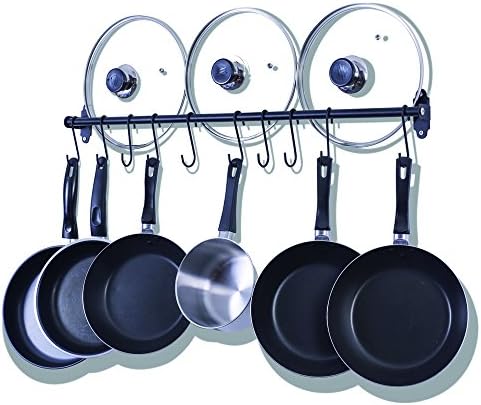 ZESPROKA Wall Mounted Kitchen Rail, Pot Pan Lid Rack, Utensil Organizer, with 10 Hooks, Black, 31.50-Inch-Long
