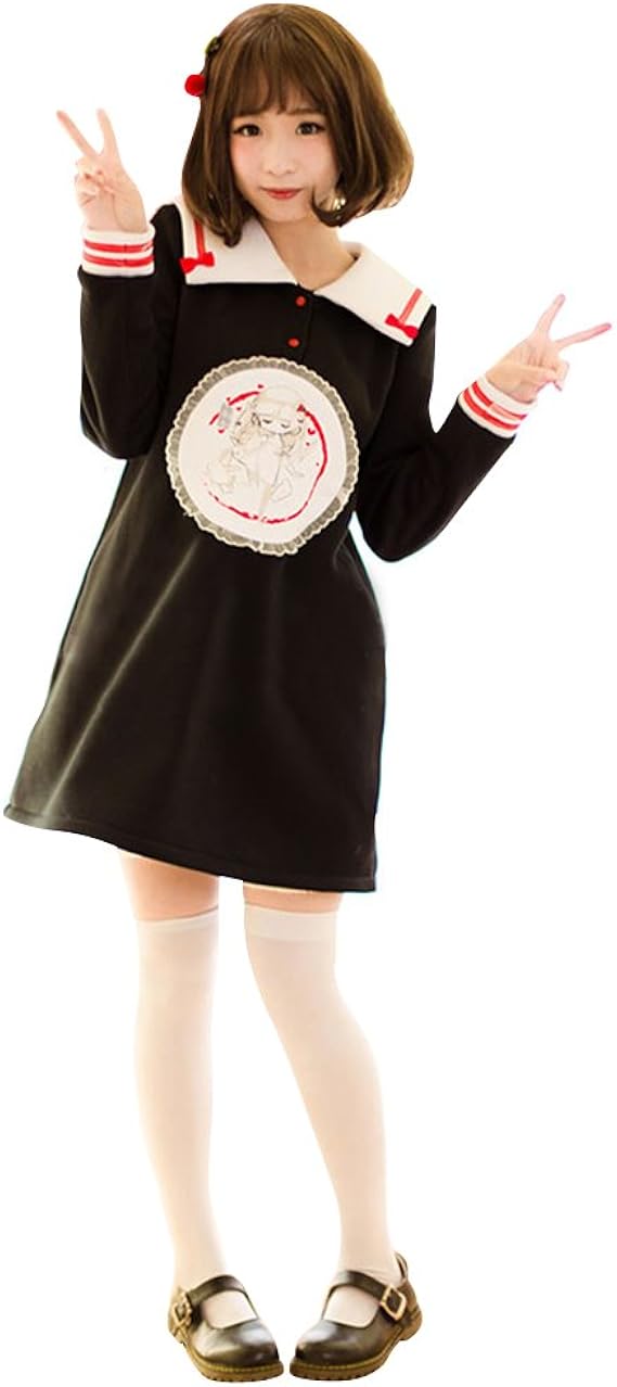 Amazon Co Jp Cosplayitem ワンピース ニットウェア 長袖 四角い襟 プリント布地 ゆったりした服 真っ暗で和風のかわいいa型 ワンピース 服 ファッション小物