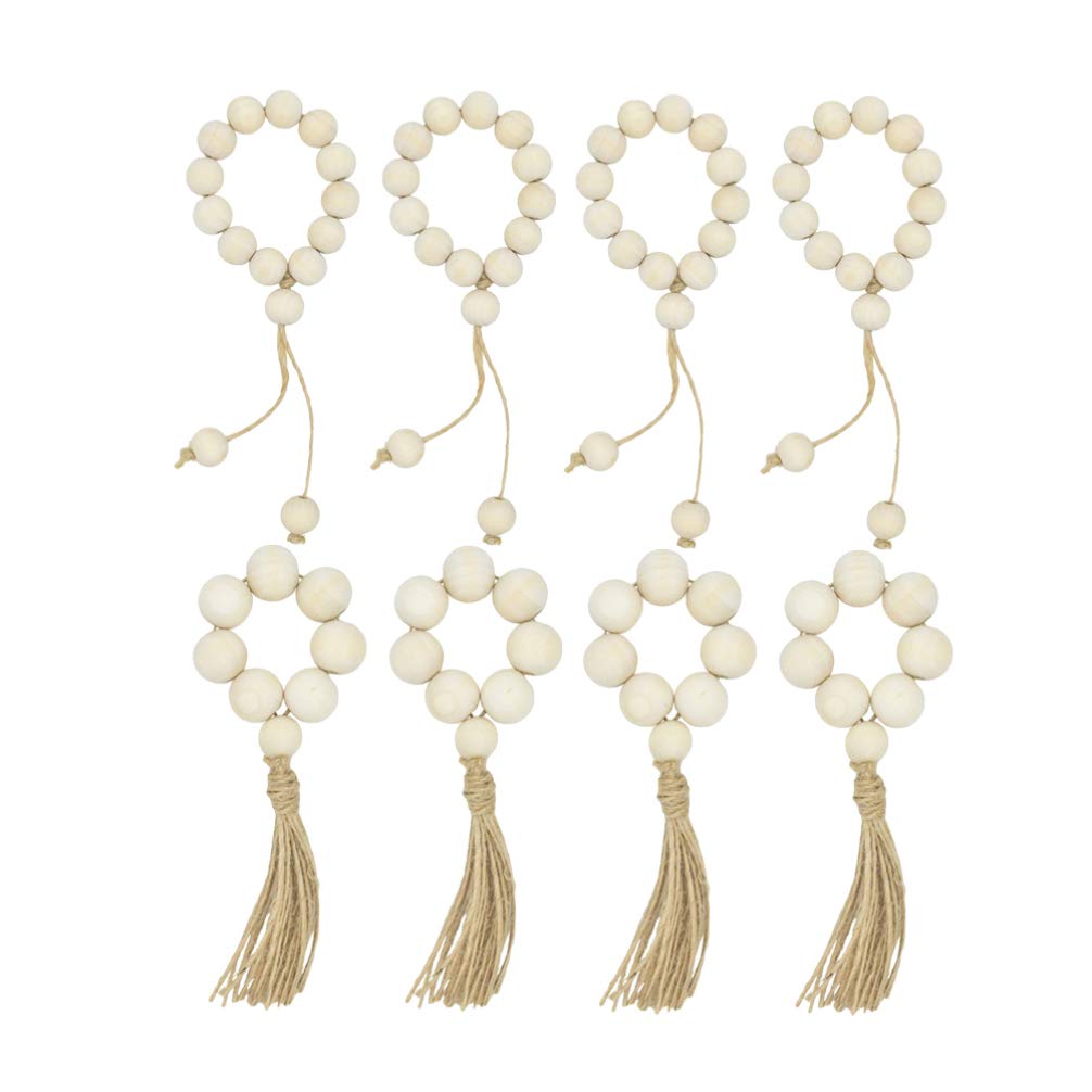 WINOMO 8pcs Wood Bead Napkin Rings Natural Rustic Farmhouse Beaded Napkin Rings with Tassels Home Table Decoration Wall Hanging Decoration