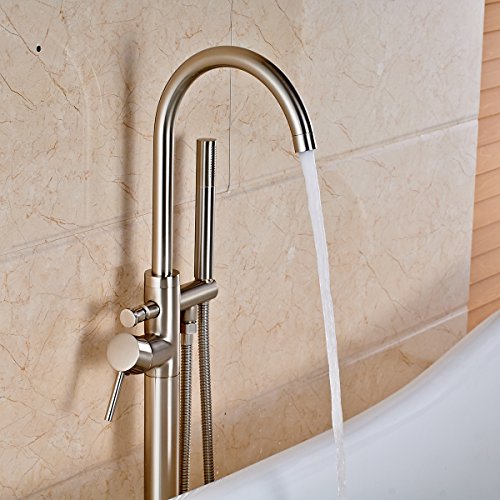 Votamuta Modern Nickel Brushed Free Standing Bathtub Shower Mixer Taps Floor Mounted Tub Shower Faucets with Hand Sprayer Single Handle