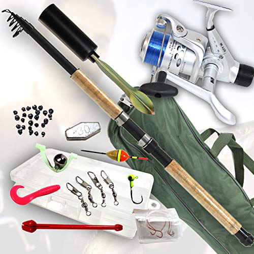 Vario Universal ANGELSET Rotauge Barsch Forelle | Teleskop- Rute 2,40m + Angel- Rolle + Angelzubehörbox + Rutentasche