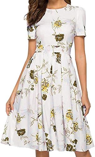 Women's Vintage Floral Dress Short Sleeve Ladies Skirt Crew Neck Dress (Yellow,XL)