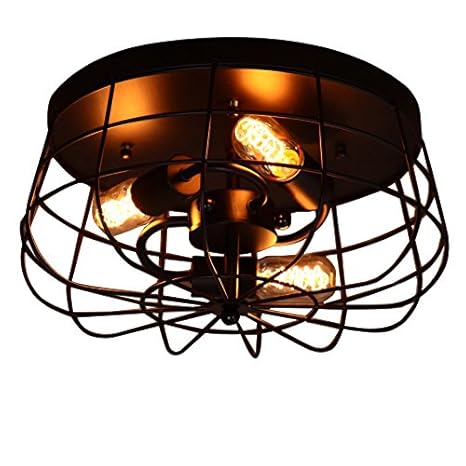 Lovedima Industrial Loft Metal Cage Three Exposed Bulbs Semi Flush
