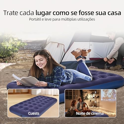 Colchão Inflável Solteiro Azul 186x96x22cm, Colchão de Ar em PVC com Revestimento de Flanela, Colchonete Inflável com Estrutura Honeycomb