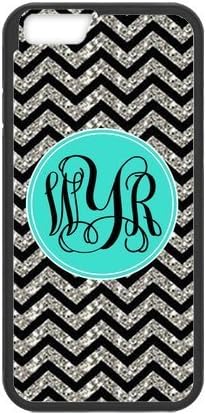 Personalized Black Grey Chevron Pattern (NOT ACTUAL GLITTER) Monogrammed Turquoise Plastic Case For IPHONE 8 PLUS