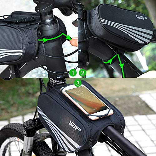 VUP Bike Bag for Top Tube, Bicycle Front Tube Frame Bags w/Open-face 180°Rotatable Silicone Strap Phone Holder Fit 4 to 6.5 inche Cell Phone, Road Bike Accessories