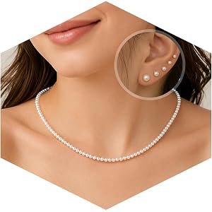 D.Bella Pearl Necklace Stud Earrings Set for Women Dainty Round Imitation Pearl Choker Necklace for Wedding -5Pairs Hypoaller