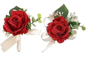 MAFELOE Wrist Corsage and Boutonniere Set for Groom Bride Groomsmen Bridesmaids Wedding Party Prom Suit, Artificial Rose Wrist Corsage Wristband Men Boutonniere - Red 2Pcs