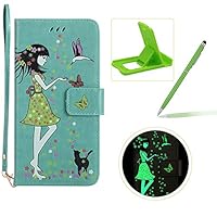 Strap Wallet Leather Case for iPhone XS Max,Luminous Flip Cover for iPhone XS Max,Herzzer Stylish Green Flower Girl Butterfly Pattern Magnetic Stand PU Leather with Soft Rubber Case