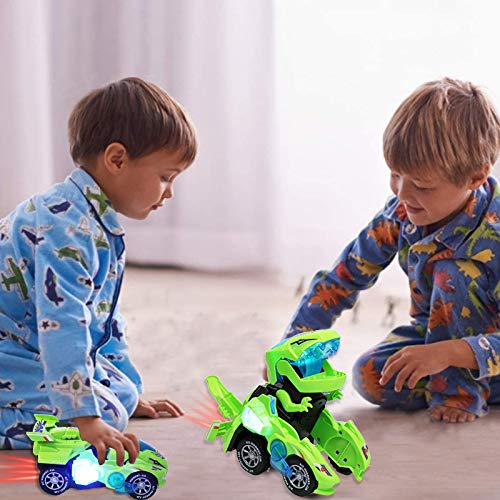 Motiloo Transforming Dinosaur Toys,LED Transforming Dinosaur Car,3D Automatic Transforming Dinosaur Car with Light Sound for Kids Christmas Toy Gifts(Green)