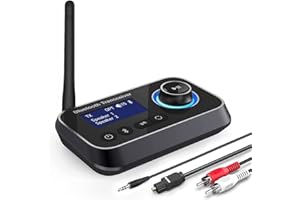 AINOSTONE Bluetooth 5.0 Transmitter Receiver for 2 Headphones 2-in-1 Audio Adapter with Bypass Low Latency LCD Display ON/Off Switch Volume Control Optical AUX RCA for Headphone Speaker TV Home Stereo