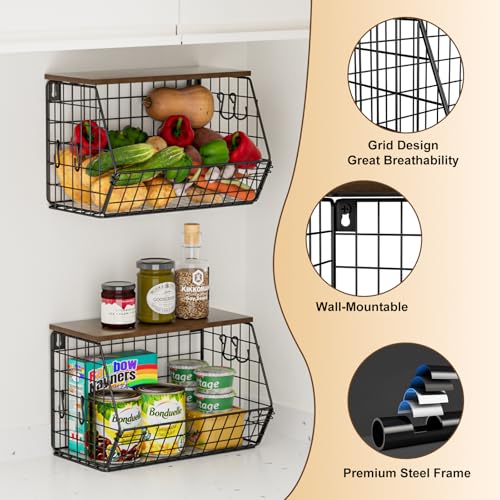 Gaethra 2 Pieces Kitchen Fruit Bowls 30 x 16.5 x 20 cm Removable and Foldable with Banana Hook and Wooden Lid Fruit Basket Rack Baskets for Fruits, Organize Kitchen and Store Vegetables (Black)