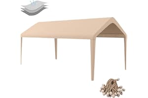BIRODEKO Carport Replacement Canopy Cover 12'x20' for Tent Top Garage Shelter Cover with Ball Bungees, 800D Oxford Carport Replacement Cover Waterproof & UV Protection, Not Included Frame (Light Brown)