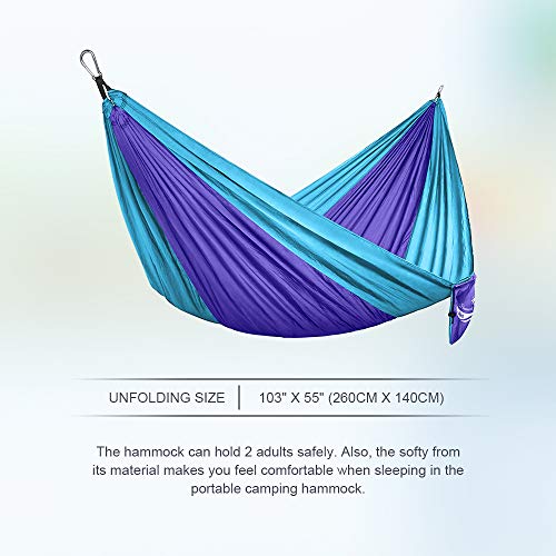 JBM Hammock Single Double Camping Lightweight Portable Parachute Hammock Outdoor Hiking Travel Backpacking - Nylon Hammock Swing - Support 400lbs with Nylon Ropes and Steel Carabiners (Purple & Blue) - Thumbnail 6
