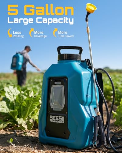 SEESII Backpack Sprayer Battery Powered, Leak-Proof 5-Gallon, Dual Battery Electric Sprayer with Telescopic Brass Wand & 7 Nozzles, 100 PSI Adjustable Pressure for Weed Lawn Garden Pest Control