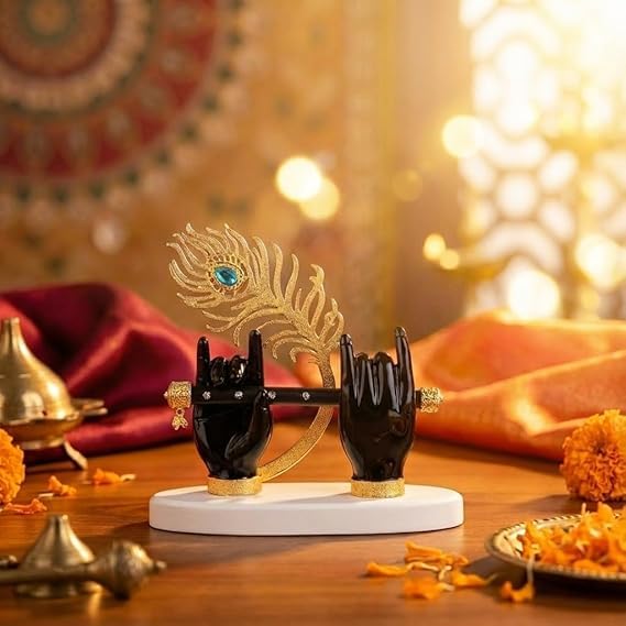 House Of Wemy Lord Krishna Hand Idol with Flute for Home Decor | God Statue for Pooja Room Decoration & Gifting - 7 x7 Inches Black
