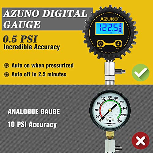 AZUNO Cylinder Compression Tester Kit, 200 PSI Digital Compression Gauge with Adapter & Hose, 8 Pieces Professional Compression Test Tool for Gasline Engine and Small Engine