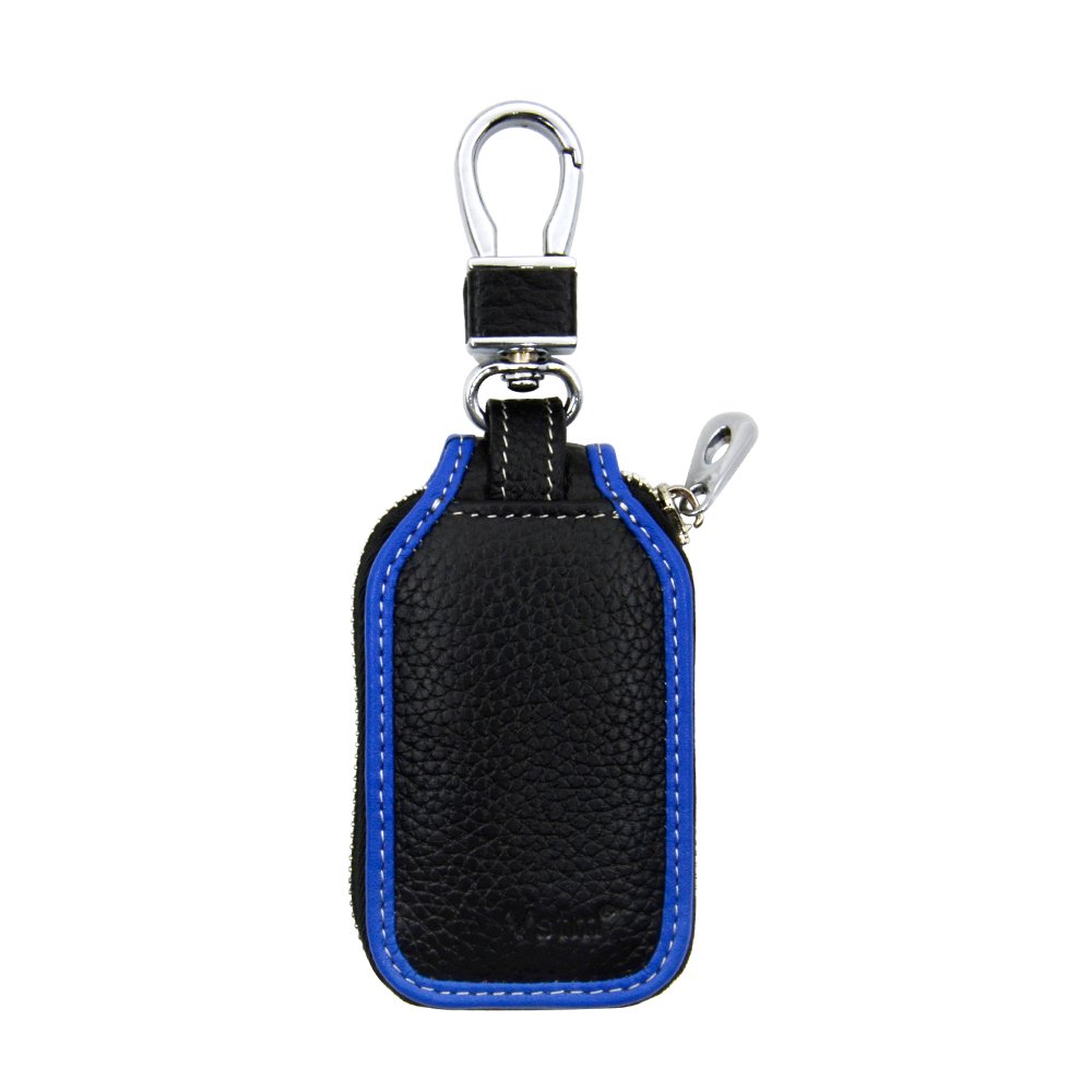 Car Keychain,VSTM Blue Genuine Leather Car Smart Key Chain Coin Holder Metal Hook and Keyring Wallet Zipper Bag for Vehicle Keyless Entry