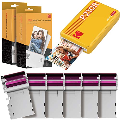 KODAK Mini 2 Retro 4PASS Stampante Fotografica Portatile (5.3x8.6cm) + Pacchetto con 68 Fogli, Giallo