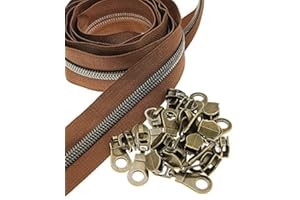 #5 Metallic Nylon Coil Zippers by The Yard,Brown Tape Bulk 10 Yards with 25 PCS Antique Brass Zipper Sliders Pulls,Metallic Teeth Sewing Zippers for DIY Tailor Sewing Crafts Bags Purses SHUNLI