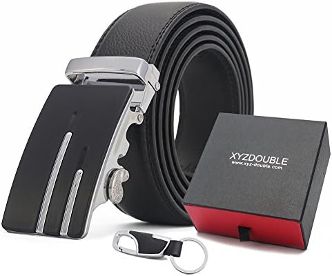 XYZDOUBLE Men's Leather Belt Sliding Buckle Black Automatic Ratchet with Gift Box-35mm Wide