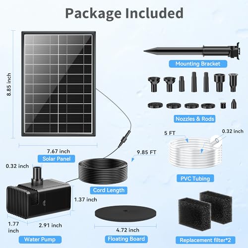 POPOSOAP 8W Solar Bird Bath Fountain Pump, Solar Pond Pump with 8 Nozzles, 4ft Tube, Low-Water Protection, Filter Sponges, Adjustable Bracket for Garden Pond, Bird Bath & DIY Water Features