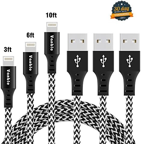 Vanble iPhone Cable, 3 Pcs 3FT+6FT+10FT Nylon Braided Lightning Cable Fast Sync Charging Cord Cable for iPhone 7, 7Plus, 6s, 6, 6Plus, 6sPlus, iPhone 5s 5 5c, iPad, iPod and More (White&Black)