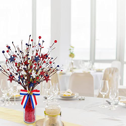 Shitailu 4 Pack Patriotic Artificial Berry Stem Picks White Blue Red Stars for 4th of July Independence Day, Pentagram Faux Berry Branches Decoration for Home Office Restaurant Vase Décor