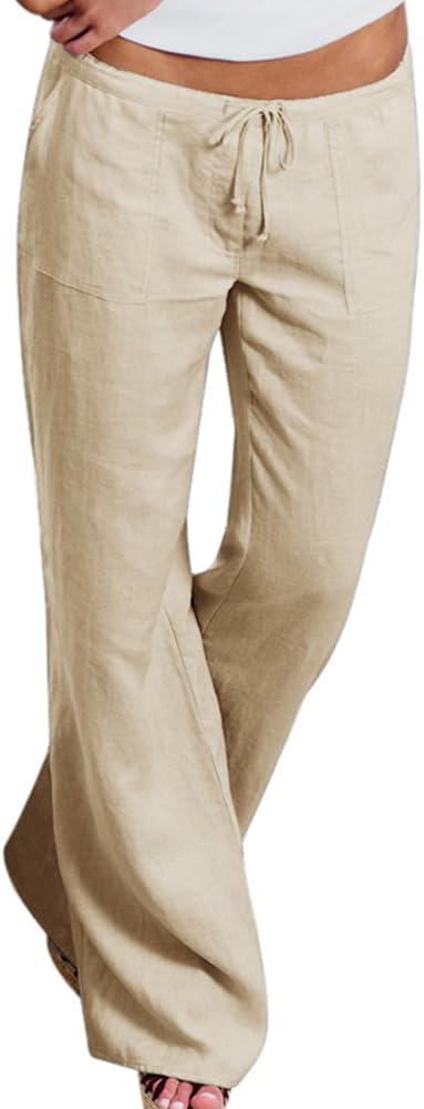 Women Wide Leg Pants Drawstring Palazzo Pants Elastic Waist Pants with Pockets