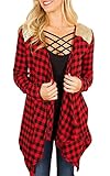 ECOWISH Womens Long Sleeves Plaid Irregular Kimono Cardigans Patchwork Shirt Tops