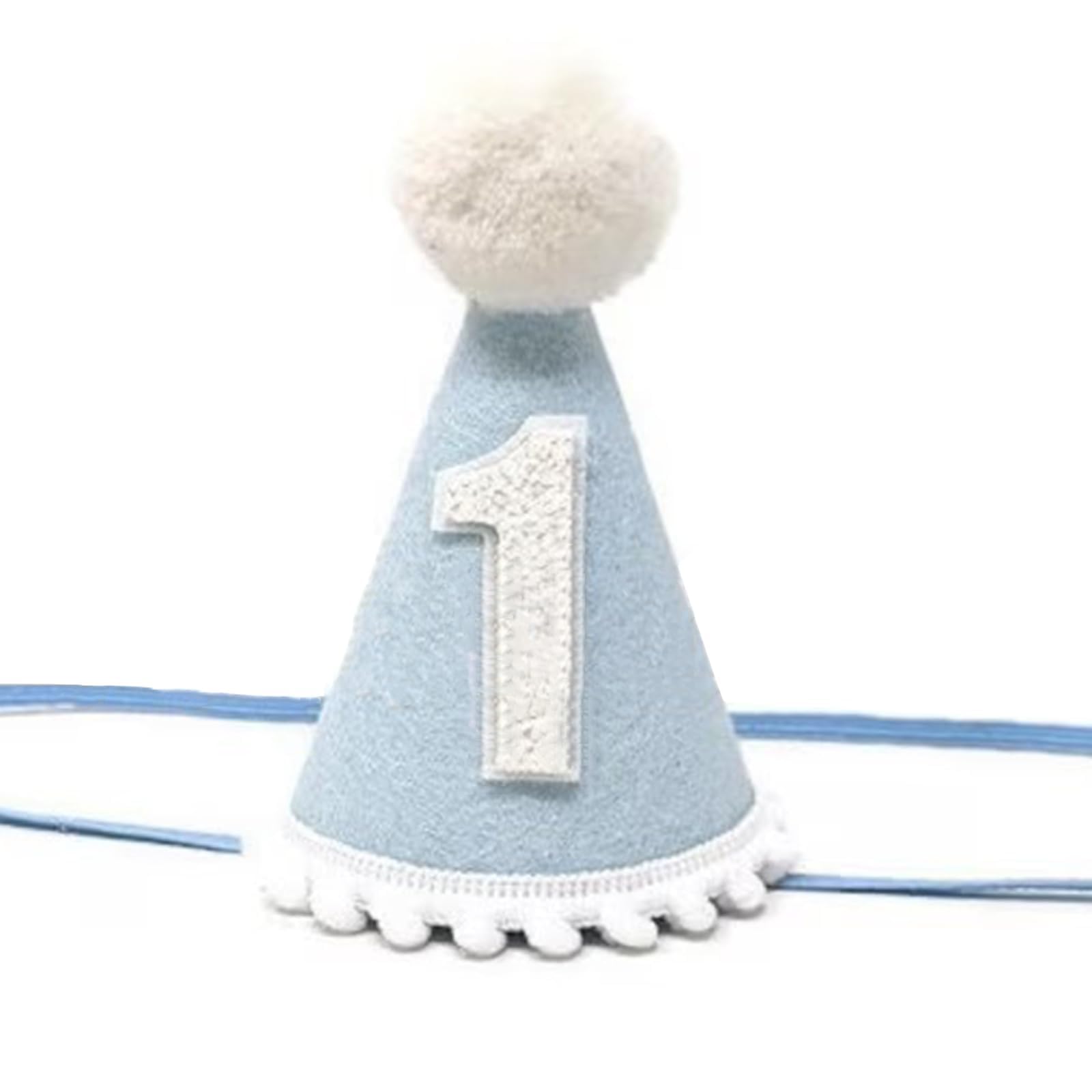 Qubitly 1st Birthday Hat for Baby Girls Boys, Light Blue First Birthday Hat with White Pom Poms, Soft Felt Baby Boy Party Hat, Adjustable Elastic Band, 1 Year Old Birthday Party Supplies