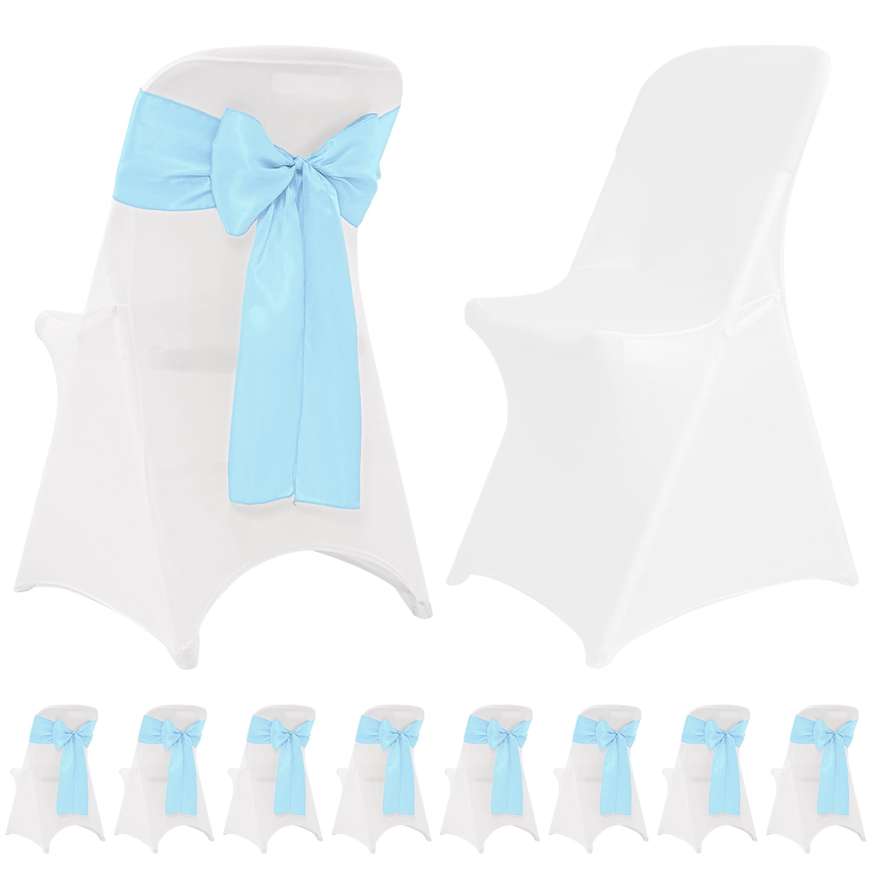Photo 1 of 10 Sets Stretch Spandex Folding Chair Cover White and Satin Bows Chair Sashes Ribbon Ties, Washable Chair Slipcovers for Wedding Banquet Party Baby Shower Events Dining Decoration(Baby Blue)