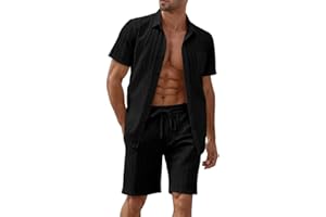 BEALIN Men's Short Sets 2 Piece Summer Beach Outfits Button Down Texture Pocket Shirts and Shorts Set