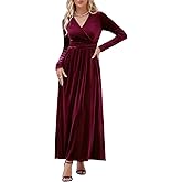 OUGES Women's Long/Short Sleeve V-Neck Wrap Waist Maxi Dress