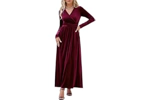 OUGES Women's Long/Short Sleeve V-Neck Wrap Waist Maxi Dress