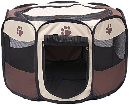 ANSON Brown 35 inch Animal Playpen for Pet Exercise Pen Kennel 600d Oxford Cloth,Outdoor Yard (S(27"Dia x 17"H))
