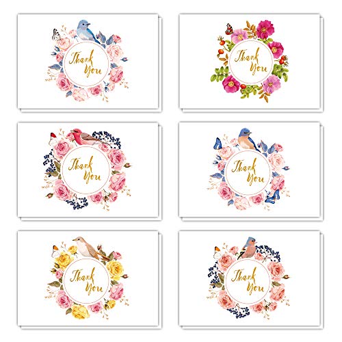 CAIYI STUDIO 60 Thank You Cards, Postcard Style Greeting Cards of 6 Designs, One Blank Side Note Cards, Includes 60 White Envelops and Stickers, for Wedding, Graduation, Baby Shower etc.