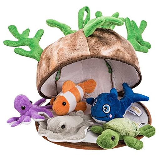 Prextex 5pc Stuffed Sea Animal & Toy Storage Soft Plush Sea Creatures Toys for Kids Small