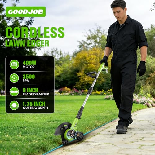 Cordless Lawn Edger, 20V Battery Powered Edger for Lawns Sidewalk | 2 x 2.0 Ah Batteries & Fast Charger 9 Inch Blade Dual Wheels 3500 RPM 400W Motor Edger with 3 Depth Settings for Driveway
