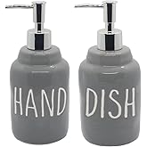 Ceramic Soap Dispenser Bottles, Engraved Hand & Dish Labels, Eco-Friendly Design for Kitchen Sink, Bathroom Countertop, Modern Farmhouse Decor (2-Pack,16 Oz, Gray)