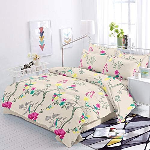 Trance Home Linen 100% Cotton 200 TC Printed Multi Colored Duvet Cover Queen Size with 2 Pillow Covers - 90" x 102" Cream with Green Pink Floral