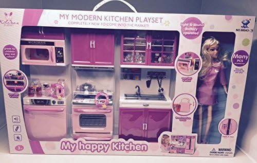 Pink Princess Full Modern Kitchen Set w/11,5" Doll ! Stove Refrigerator Microwave Toy Doll Kitchen Playset w/ Light, Sound, Food Kitchen Accessories Miniature Kitchen Battery Operated