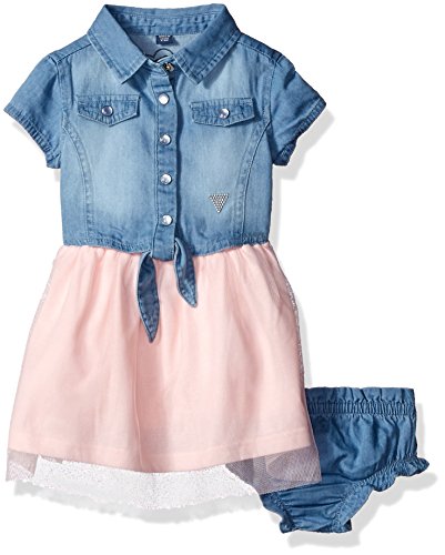 GUESS Baby Girls' Denim and Glitter Tulle Dress, Neutral Pink, 18 Months