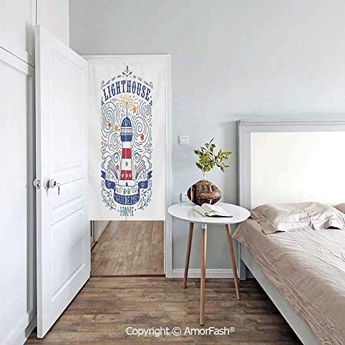 AmorFash Lighthouse-Decor Doorway Curtain Japanese Noren Curtain Tapestry for Office/Restaurant,Vintage Styled Hand Drawn Lighthouse Art Print Typography Stars Waves Branches Lettering