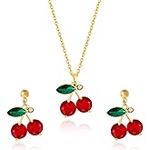 RLHRNDE Red Crystal Cherry Earrings Necklace Set for Women 18K Gold Plated Sweet Fruit Pendant Necklace Dainty Summer Tropical Charm Christmas Statement Jewelry Gift