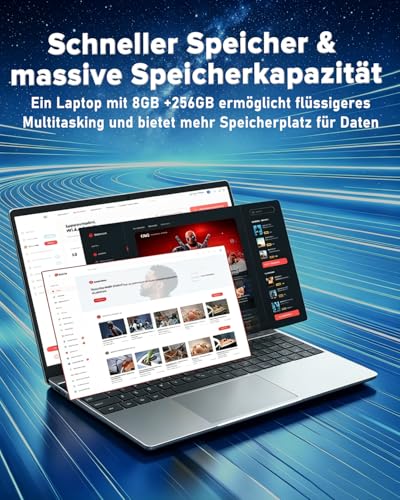 2026 Laptop Computer Notebook QWERTY mit Deutscher Tastaturfolie,15.6" IPS FHD Display,8GB RAM 256GB SSD,Celeron N5100,WiFi5,BT5.0,USB3.0,Beleuchtete Tastatur,Fingerprint für Büro & Studenten,Silber