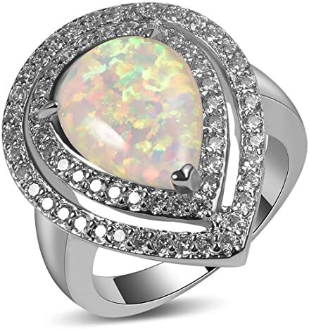 CYWNA White Fire Created Opal Zircon 925 Sterling Silver Filled Engagement Wedding Party Ring Size 7